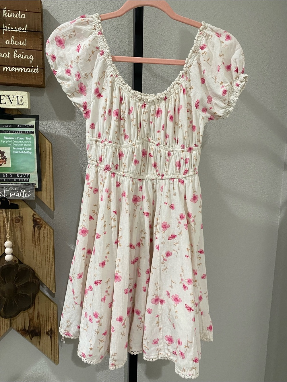 Sim&Sam peasant Smocked Puff-Sleeve Mini Dress in White with Pink Floral Print